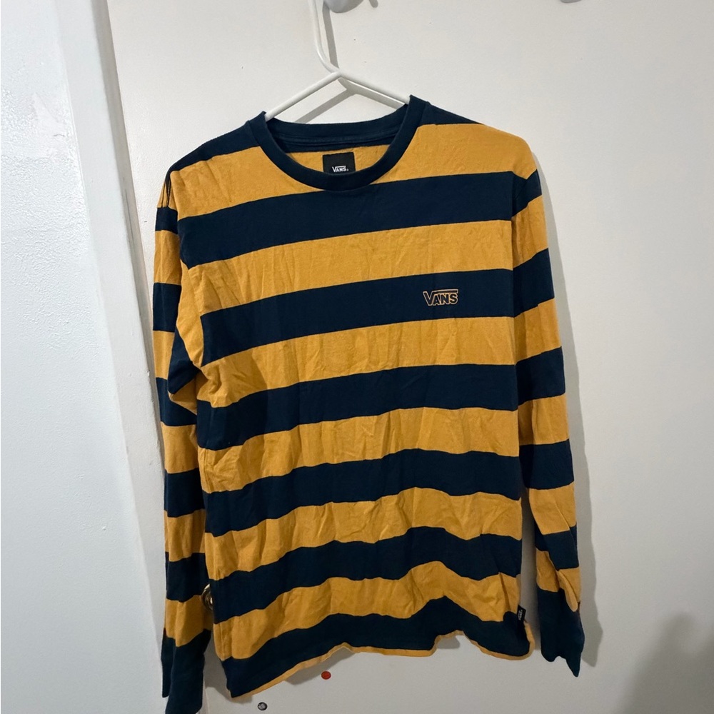 Vans Men's Long Sleeve Yellow and Black Striped Tee